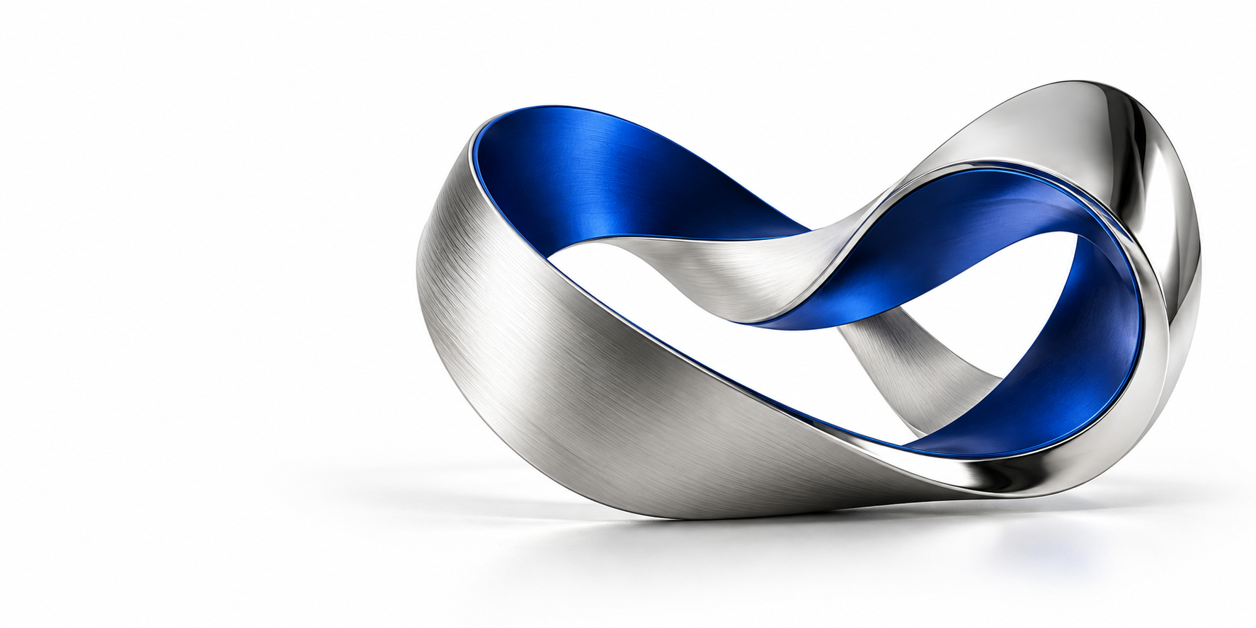 A continuous silver sculpture with a cobalt blue inner surface, folded into an interconnected loop.